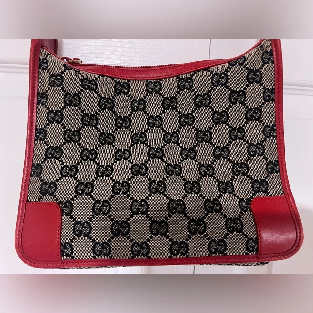 Gucci Vintage GG Monogram Canvas and Red Leather Shoulder Bag